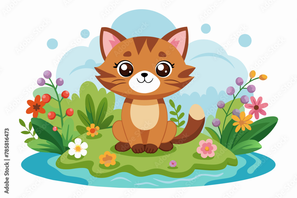 Obraz premium Charming cat animal cartoon with flowers on a white background.