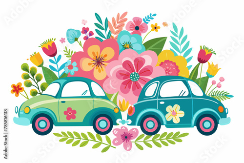 Charming vintage cars adorned with vibrant flowers on a pristine white background.