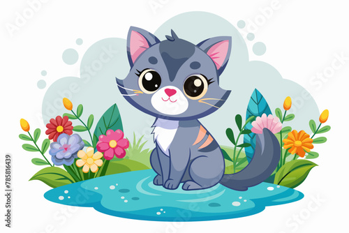Charming cat animal cartoon with flowers on a white background.