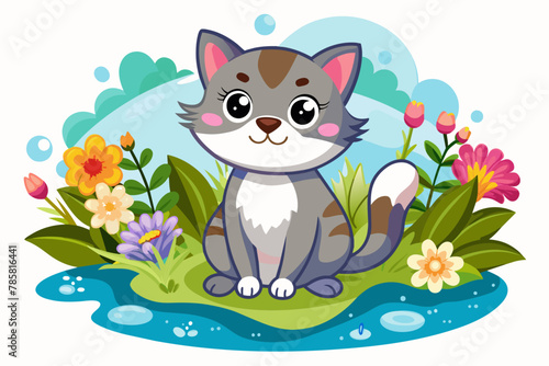 Charming cat animal cartoon with flowers on a white background.
