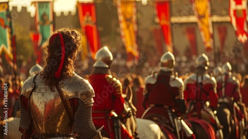 A group of knights backs to the camera line up with horses as they await turn in the jousting competition. The colorful . .