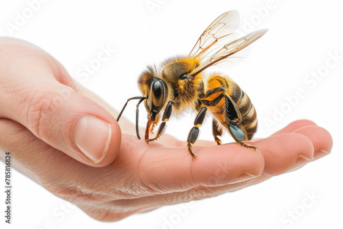 Hand holding bee isolated on gray background, animal and food