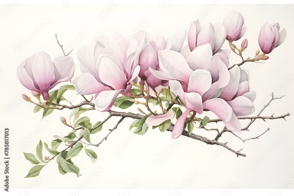 Magnolia flowers. Hand-drawn watercolor illustration on white background.