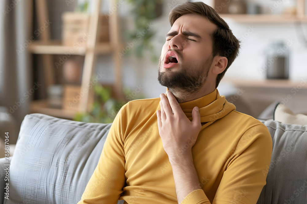 Young man with neck pain. Concept of sore throat, pharyngitis, laryngitis, thyroiditis, choking