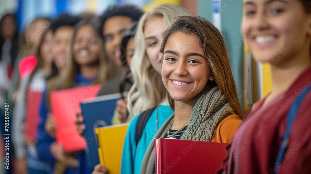 Group of Diverse Students Smiling in School Hallway Group of Diverse Students Smiling in School Hallway