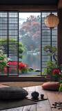 Zen Garden Retreat: An Interior with Japanese-inspired Decor and Zen Garden Views, Promoting Serenity.