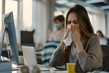 Young woman suffering from runny nose or nasal blocking. Common cold or flu patient with rhinitis
