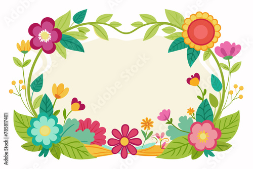 A charming cartoon frame adorned with delicate flowers blooms on a pristine white backdrop.
