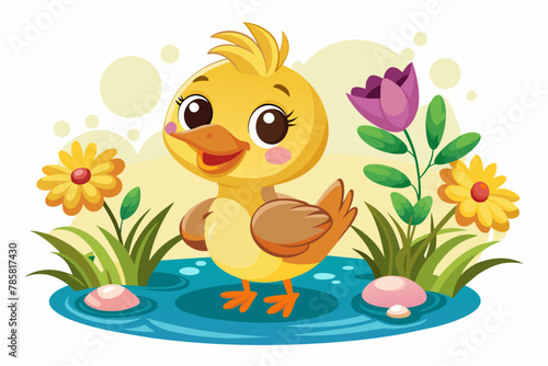 A charming duck cartoon character adorns a white background with vibrant flowers.