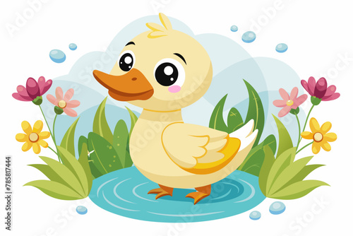 Charming cartoon duck with vibrant flowers adorns a white background.