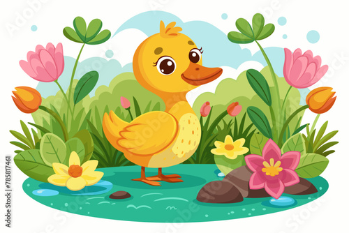 Charming cartoon duck with flowers.