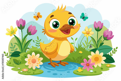 Charming cartoon duck with flowers, ready to brighten up your day.