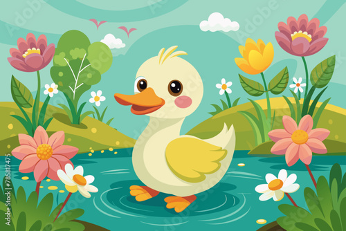 Charming cartoon duck with flowers brings joy and delight.