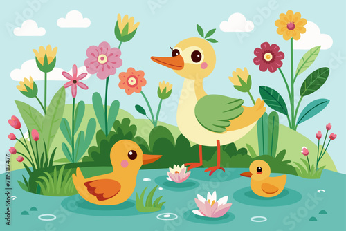 Charming cartoon ducks frolic amidst vibrant flowers.