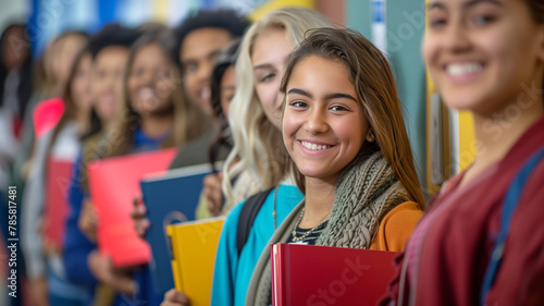 Group of Diverse Students Smiling in School Hallway