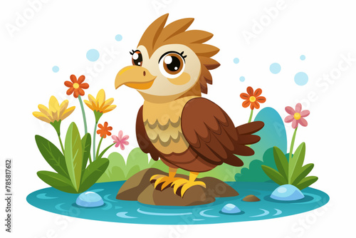 An adorable eagle cartoon character exudes charm while surrounded by vibrant flowers.