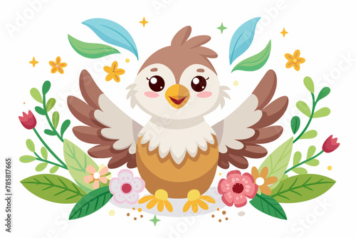 Charming cartoon eagle adorned with blooming flowers.