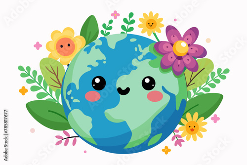 Charming earth cartoon adorned with vibrant flowers against a white backdrop.