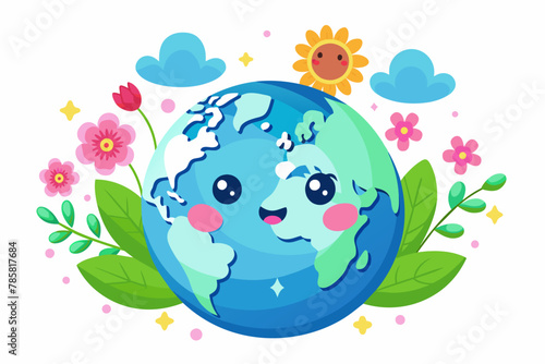 A charming cartoon Earth adorned with vibrant flowers against a pristine white background.