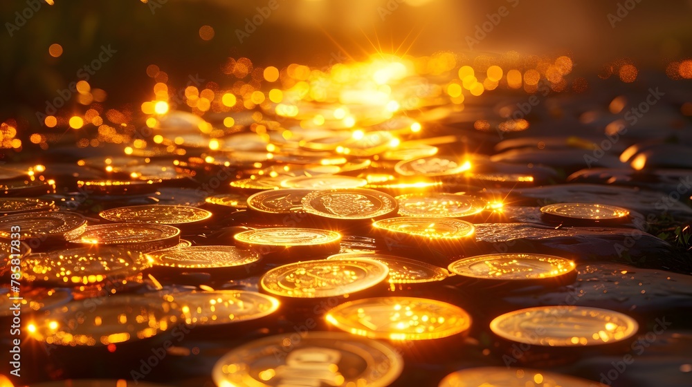 In the golden sunlight, scattered on a stone road, there were many gold coins shining with light and sparkling like diamonds. In the golden sunlight, scattered on a stone road, there were many gold coins shining with light and sparkling like diamonds.