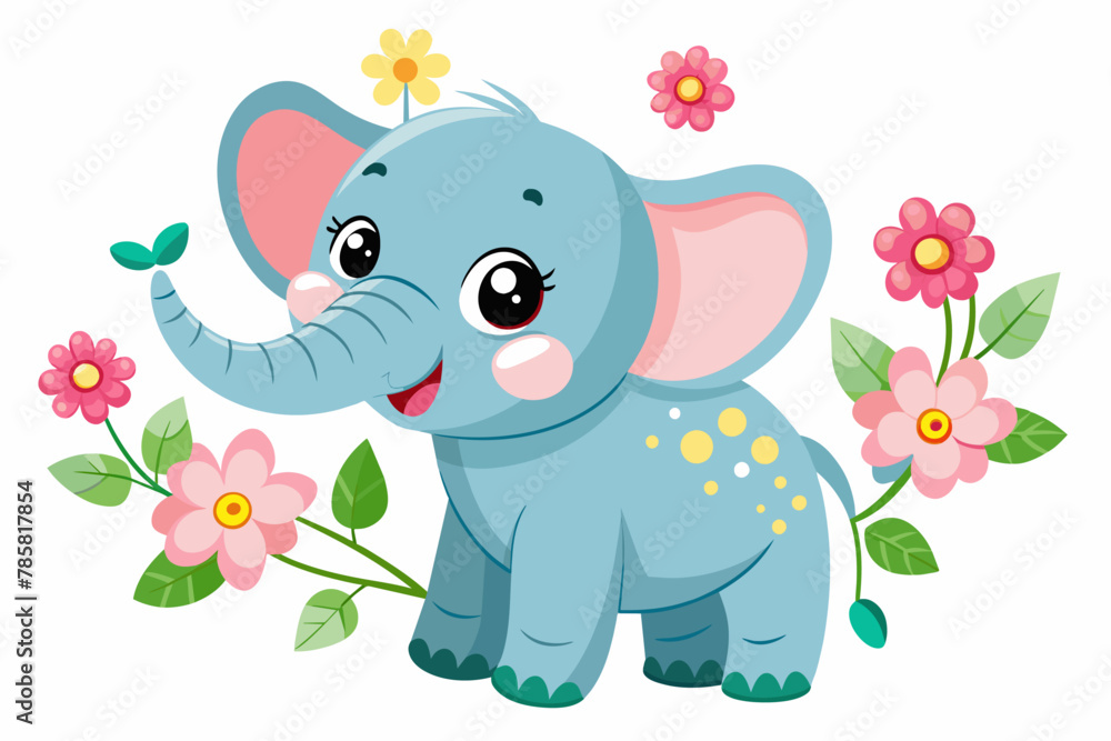 Naklejka premium Charming elephant cartoon with bright flowers adorning its head.