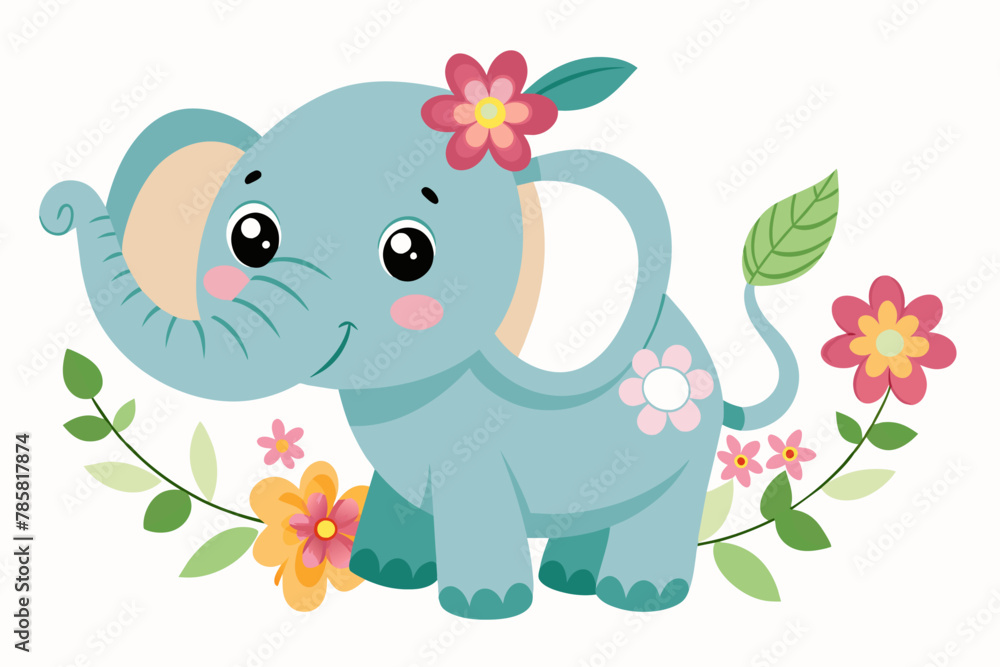Obraz premium An adorable cartoon elephant adorned with vibrant flowers exudes charm.