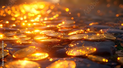 In the golden sunlight, scattered on a stone road, there were many gold coins shining with light and sparkling like diamonds. © horizor