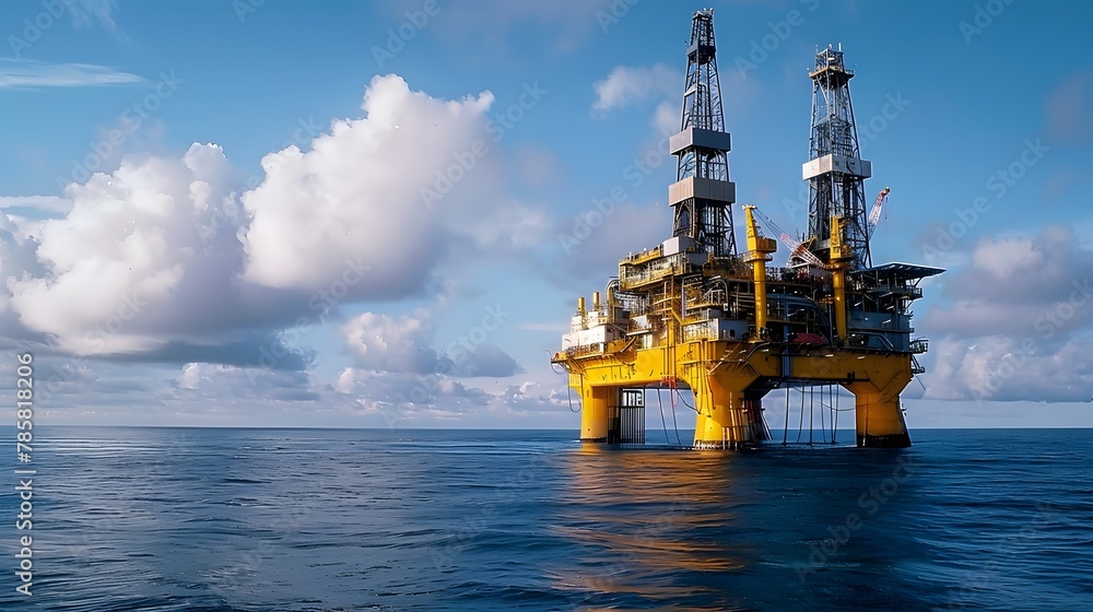 Fototapeta premium A oil platform in the middle of an ocean, with a sky blue. The oil rig stands tall on its base with several colorful lights shining brightly against the backdrop of deep blues and whites. 
