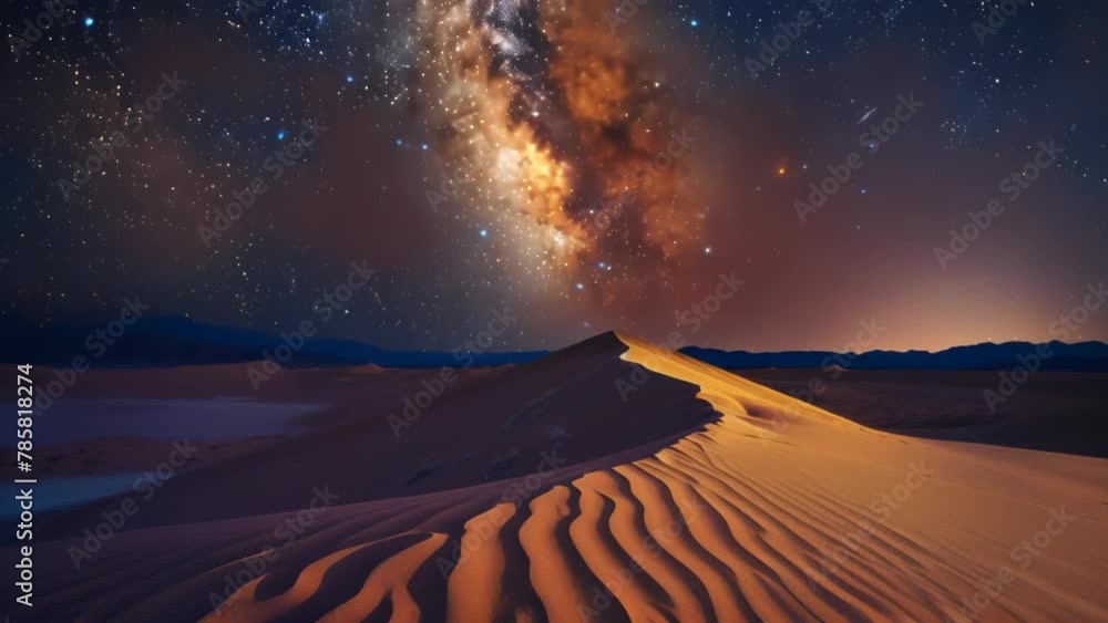 The Milky Way glimmers above vast sand dunes glowing orange under the last light of a fierce desert sun. The Milky Way glimmers above vast sand dunes glowing orange under the last light of a fierce desert sun.