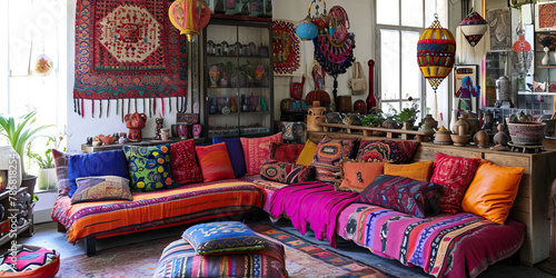 Bohemian Bliss: An Interior with Eclectic Furnishings and Vibrant Textiles, Evoking Creativity © Lila Patel