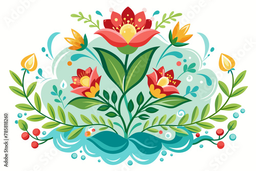 Floral ornament with charming flowers adorns a white background.