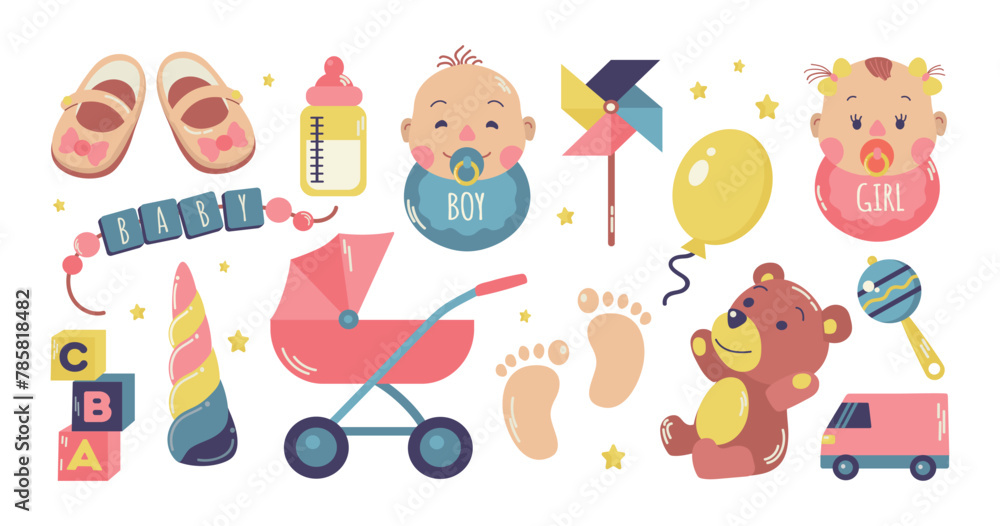 Obraz premium Cute newborn accessories items toys vector set isolated icon clipart illustration