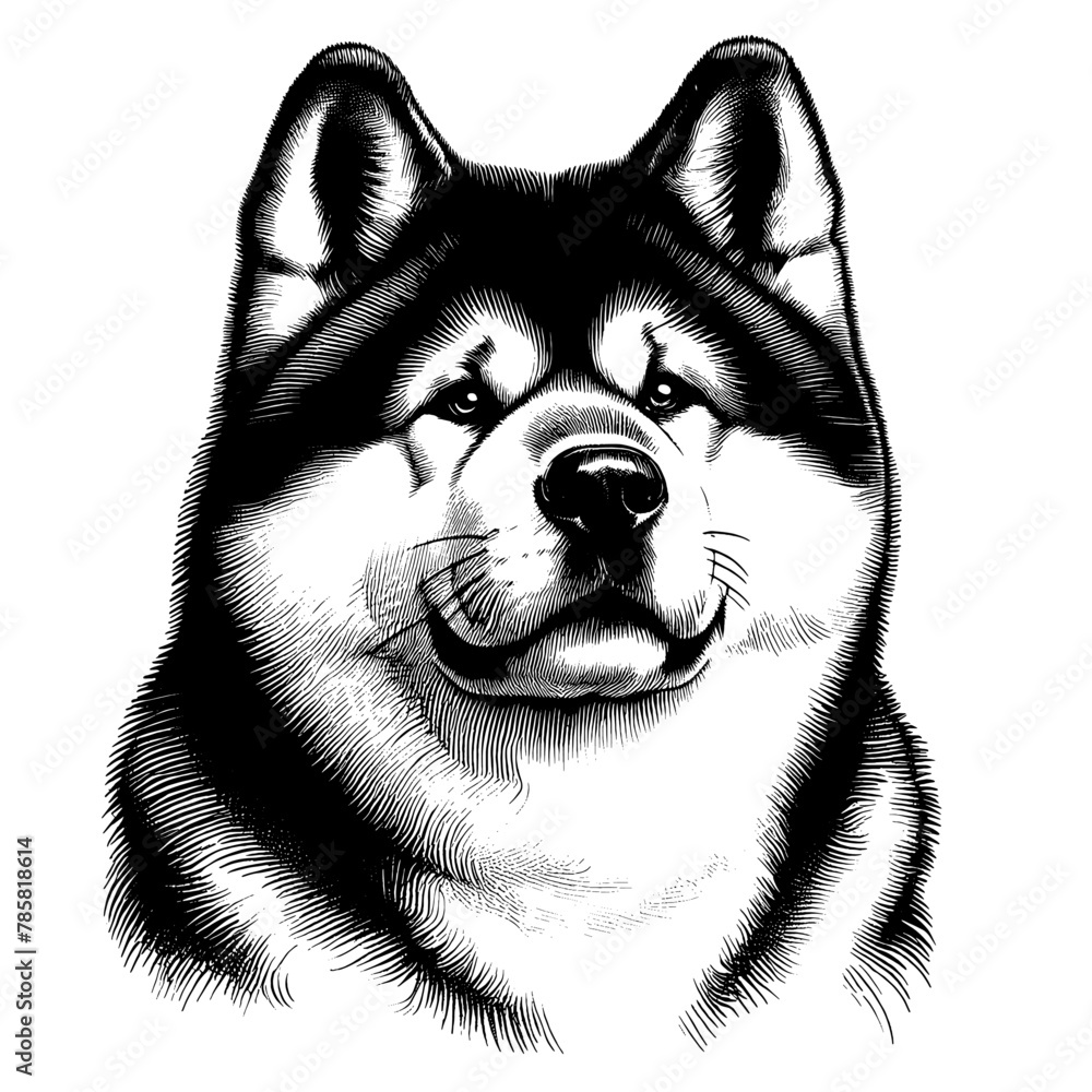 Akita dog portrait. Hand Drawn Pen and Ink. Vector Isolated in White. Engraving vintage style illustration for print, tattoo, t-shirt, sticker	