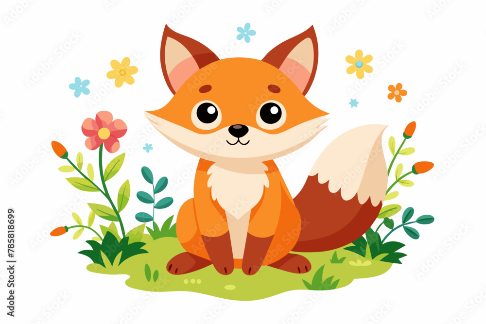 Fototapeta premium Charming fox cartoon adorned with flowers against a white backdrop.