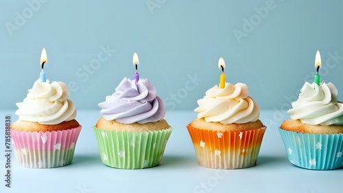 Colorful cupcakes with white frosting and birthday candles, bright and cheerful composition