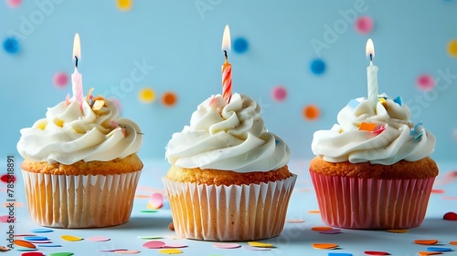 Cheerful birthday cupcakes with white frosting and bright candles  simple and feminine