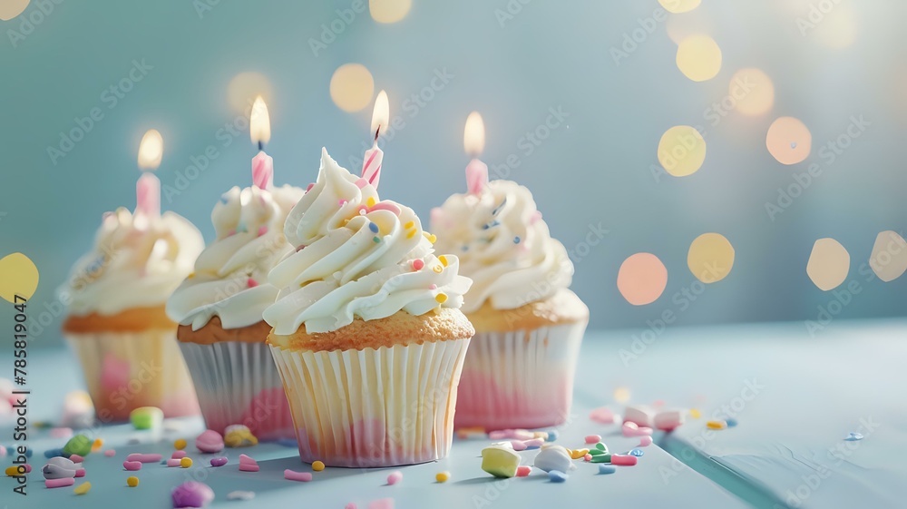 Pastel colored cupcakes with birthday candles, simple and feminine
