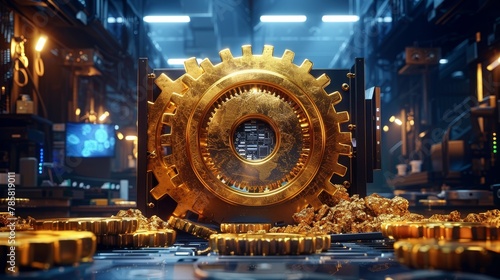 Golden gears turning inside a computer, processing research data and generating new insights about gold