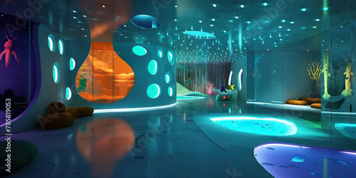 Bioluminescent Underwater Lab: An Underwater-themed Interior with Bioluminescent Accents and Oceanic Vibes, Mimicking the Depths of the Sea © Lila Patel