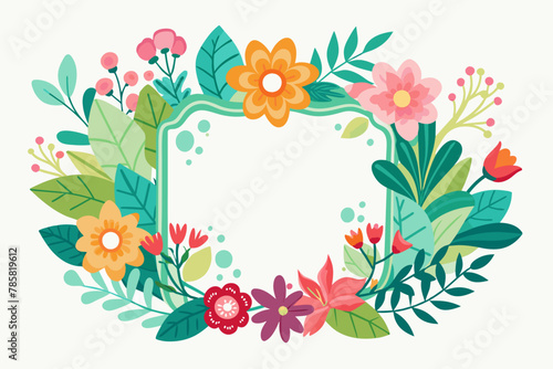 Charming cartoon frame adorned with vibrant flowers on a pristine white background.