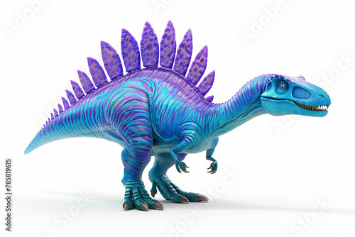 A blue and purple dinosaur with a large sail on its back stands on a white background.
