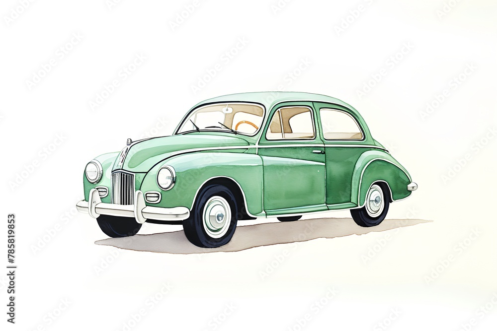 Vintage green car on white background. Hand drawn watercolor illustration