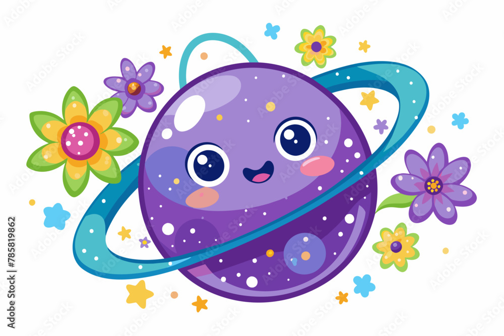 Charming galaxy cartoon with flowers adorns a white background.
