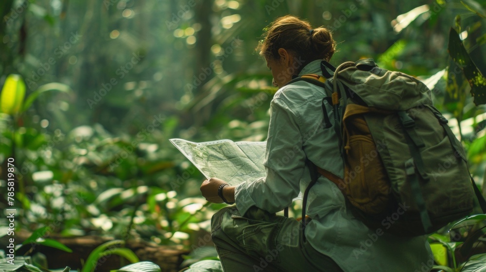 A lone explorer crouched and intently studying a map has back turned as they plan route through a dense jungle the lush . .