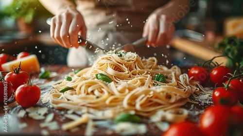 Woman preparing pasta on kitchen table, close up view photo