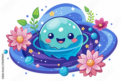 Galaxy cartoon charming with flowers on a white background