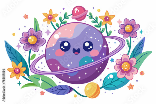 Galaxy cartoon charming with flowers on a white background