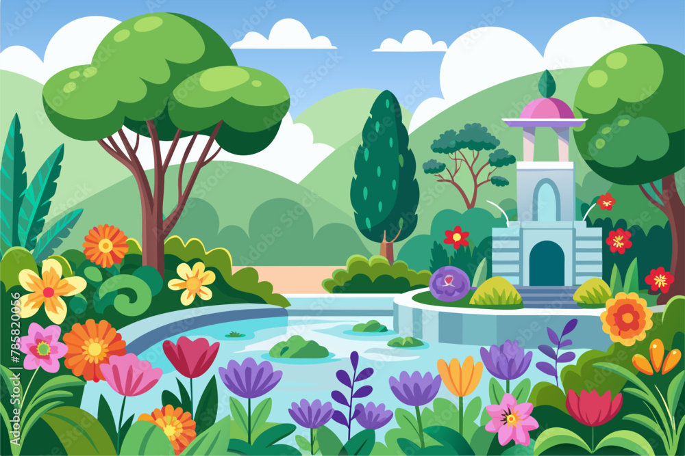 Charming gardens with flowers in full bloom set against a pristine white background. Charming gardens with flowers in full bloom set against a pristine white background.