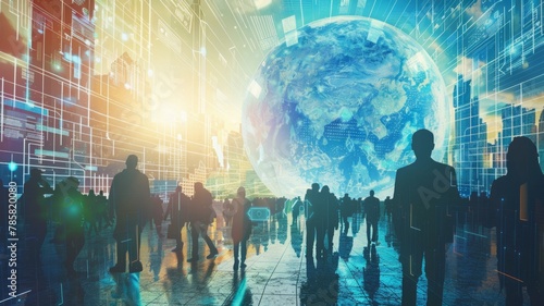 Global technology concept with earth and people - A bustling scene of silhouetted people with an overlaid digital earth represents global connectivity and data exchange