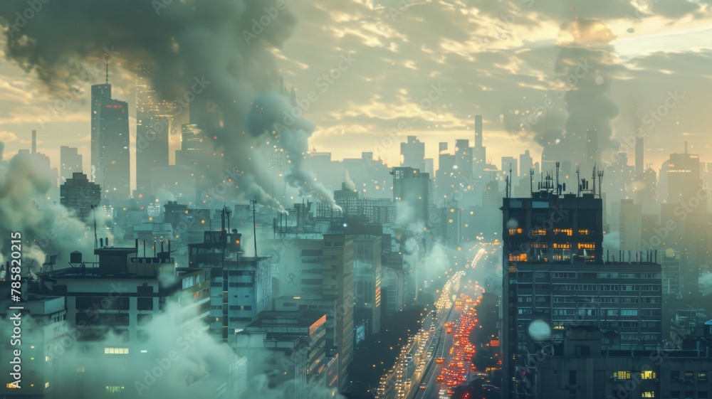 Futuristic cityscape enveloped in haze and smoke - A dystopian vision of a city with dense buildings enveloped in layers of pollution and mist, illuminated by city lights